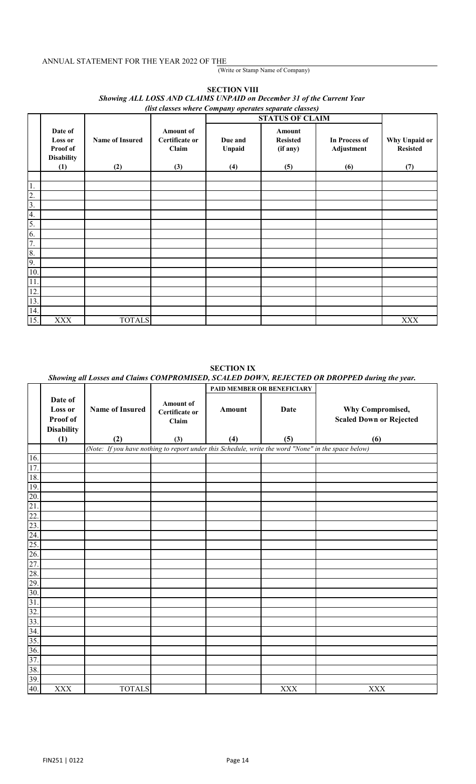 Form FIN251 Annual Statement - Mutual Assessments, Burials, Lmas - Texas, Page 17