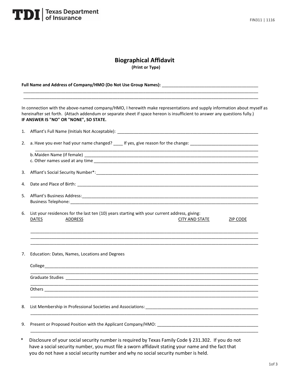 Form FIN311 Biographical Affidavit - Texas, Page 1
