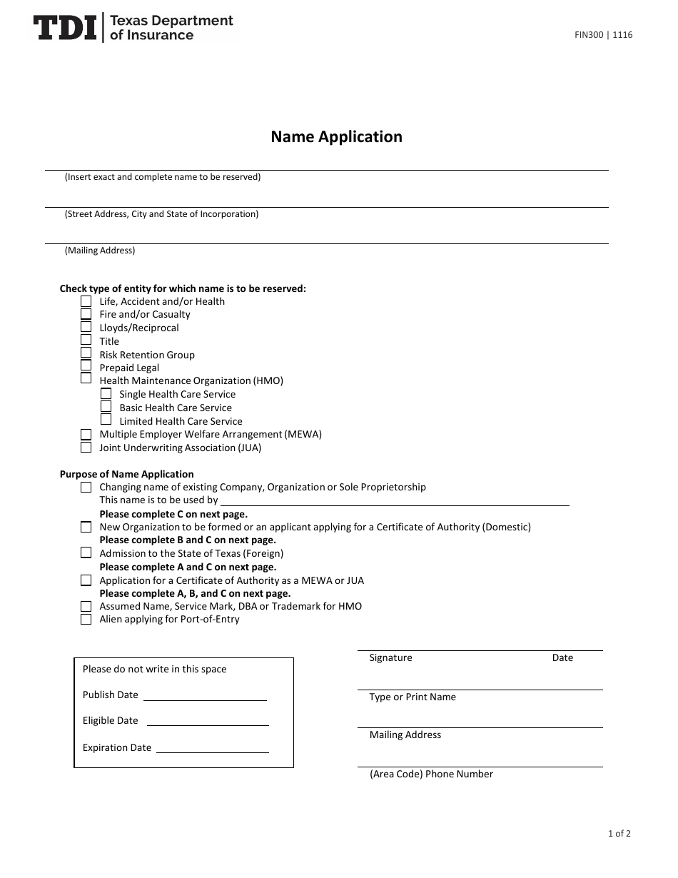 Form FIN300 Company Name Applicatio - Texas, Page 1