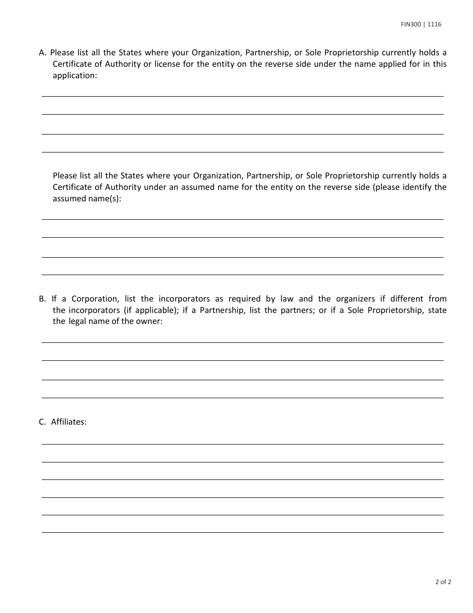 Form FIN300 Company Name Applicatio - Texas, Page 2