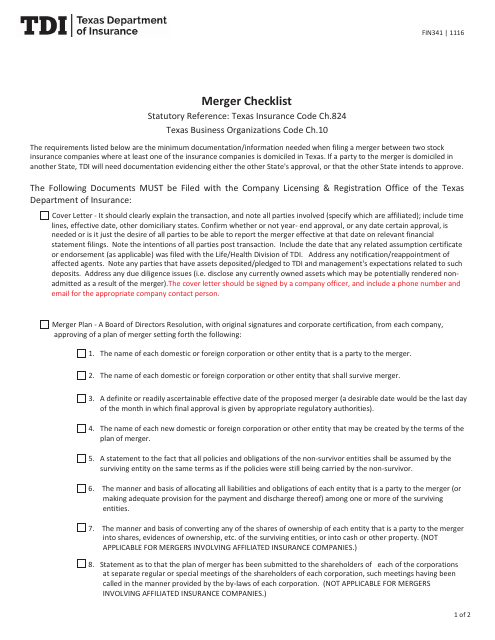 Form FIN341 Merger Checklist - Texas
