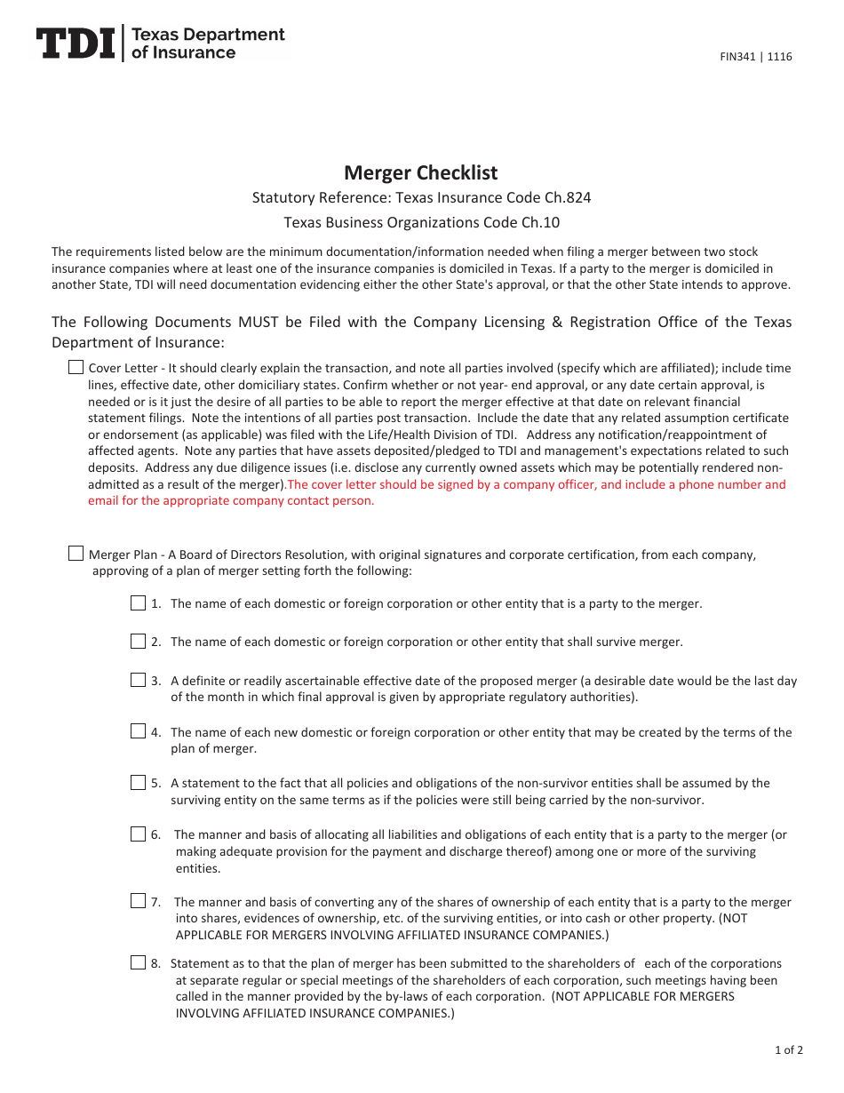 Form FIN341 Merger Checklist - Texas, Page 1