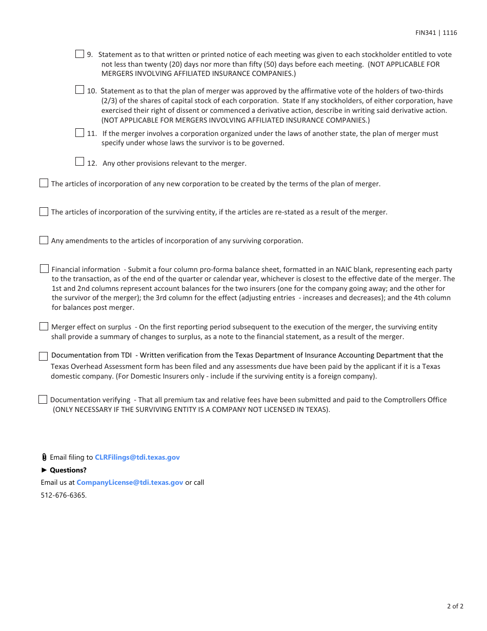 Form FIN341 Merger Checklist - Texas, Page 2