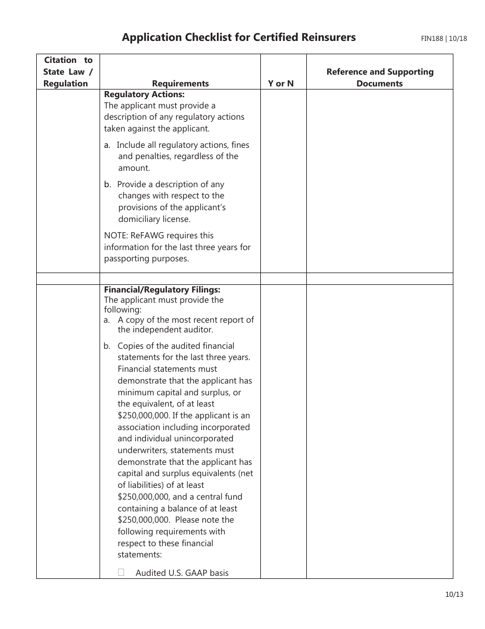 Form FIN188 Application Checklist for Certified Reinsurers (Initial and Renewal Applications) - Texas, Page 10