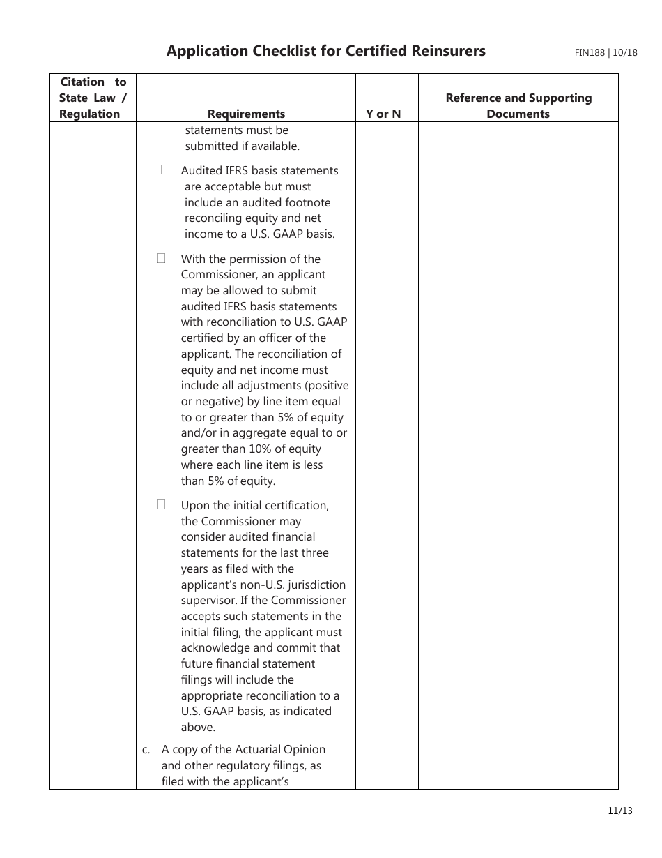 Form FIN188 Application Checklist for Certified Reinsurers (Initial and Renewal Applications) - Texas, Page 11