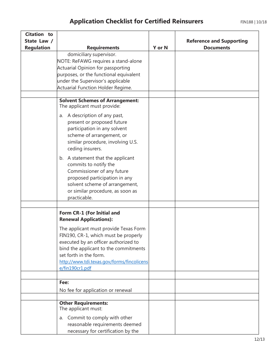 Form FIN188 Application Checklist for Certified Reinsurers (Initial and Renewal Applications) - Texas, Page 12