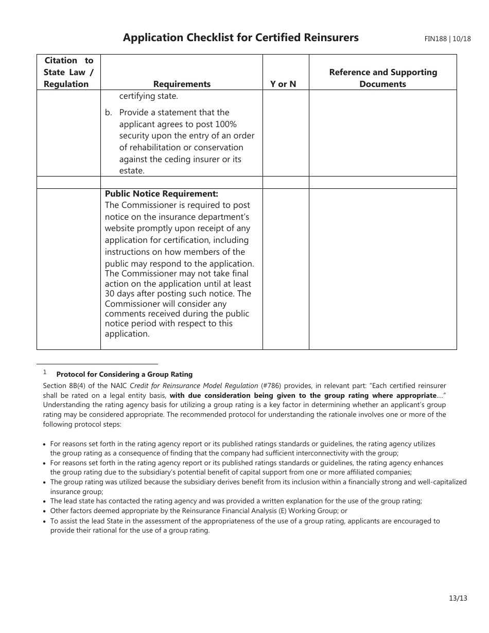 Form FIN188 Application Checklist for Certified Reinsurers (Initial and Renewal Applications) - Texas, Page 13