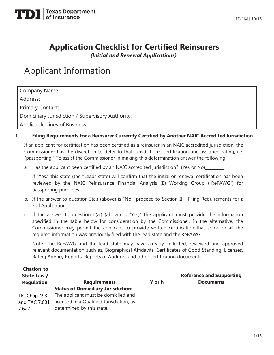 Form FIN188 Application Checklist for Certified Reinsurers (Initial and Renewal Applications) - Texas, Page 1