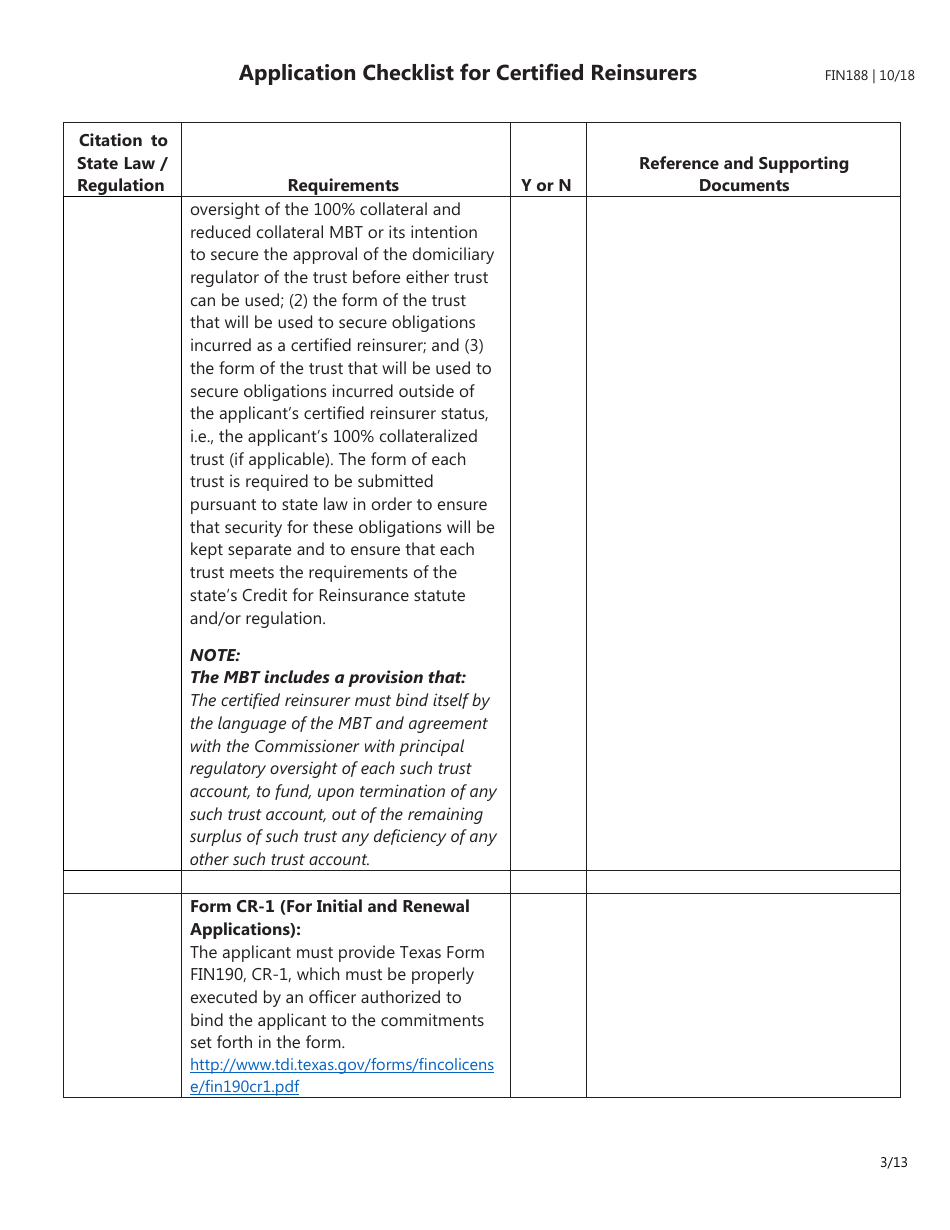 Form FIN188 Application Checklist for Certified Reinsurers (Initial and Renewal Applications) - Texas, Page 3