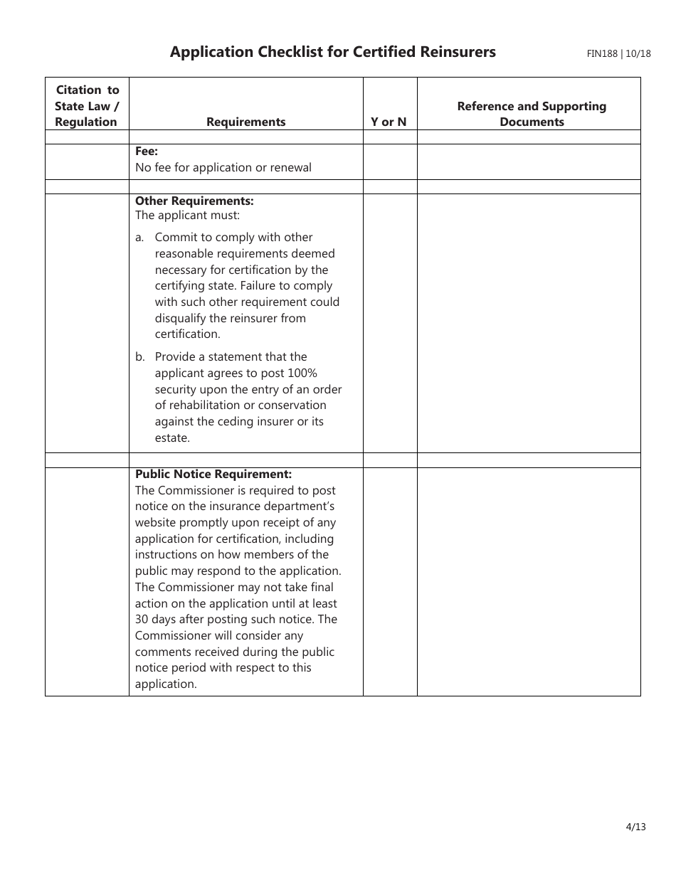 Form FIN188 Application Checklist for Certified Reinsurers (Initial and Renewal Applications) - Texas, Page 4