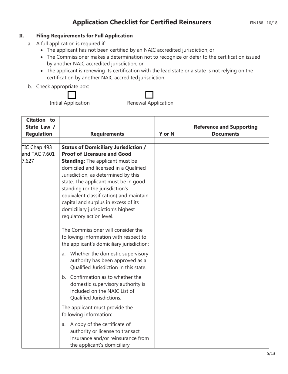 Form FIN188 Application Checklist for Certified Reinsurers (Initial and Renewal Applications) - Texas, Page 5