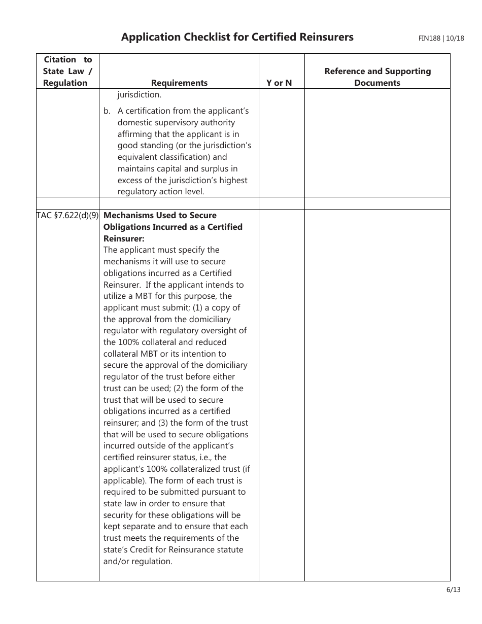 Form FIN188 Application Checklist for Certified Reinsurers (Initial and Renewal Applications) - Texas, Page 6