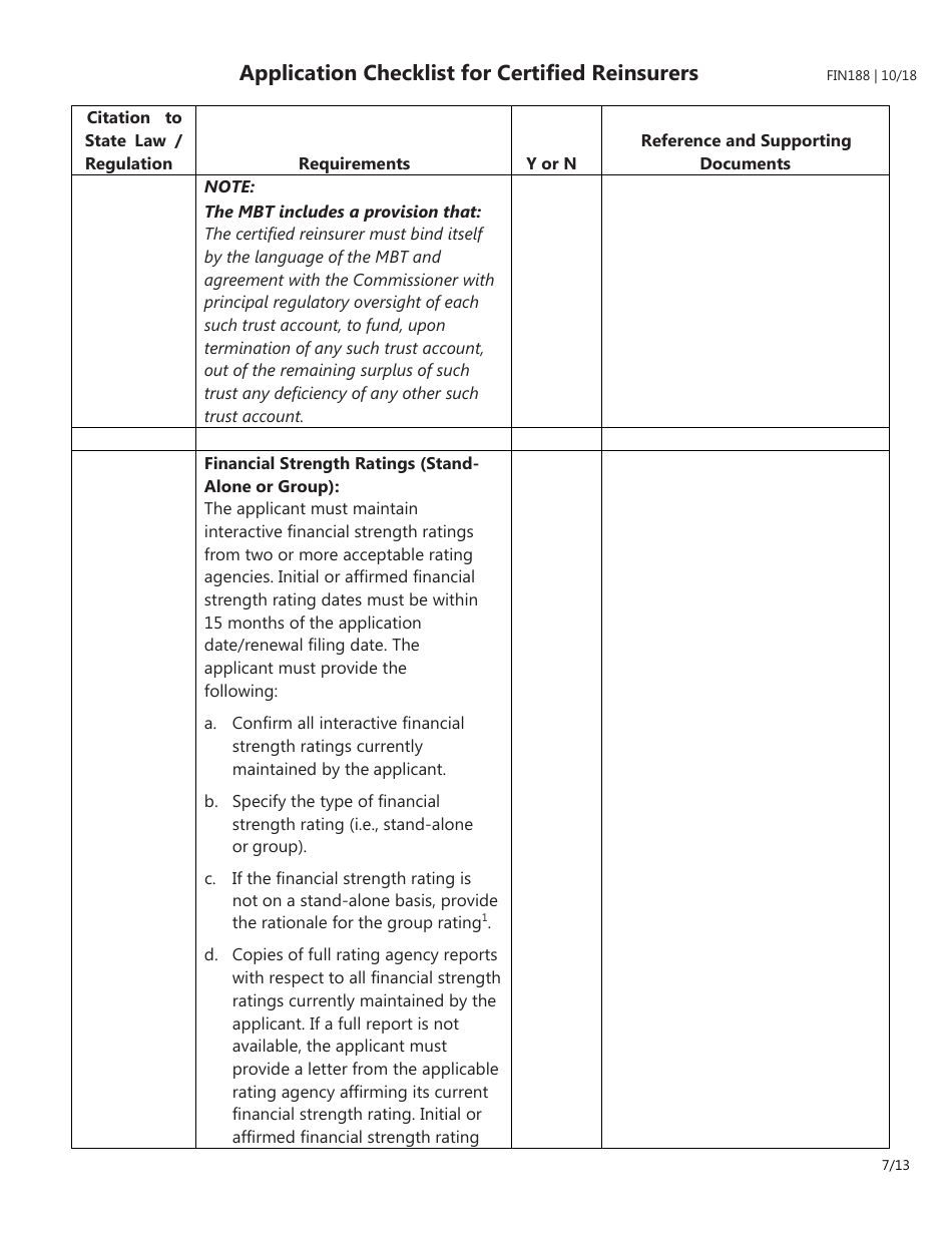 Form FIN188 Application Checklist for Certified Reinsurers (Initial and Renewal Applications) - Texas, Page 7