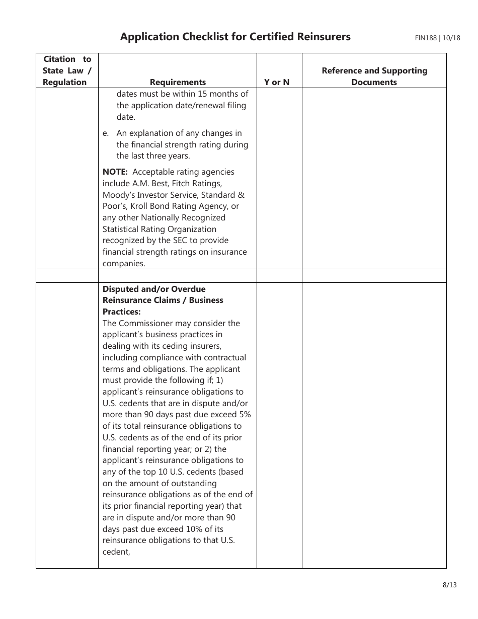 Form FIN188 Application Checklist for Certified Reinsurers (Initial and Renewal Applications) - Texas, Page 8