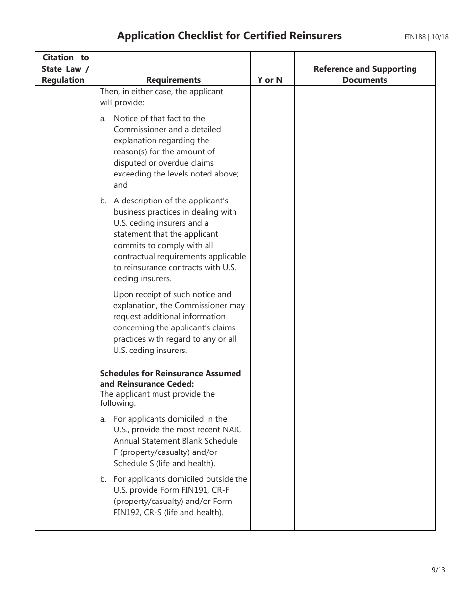 Form FIN188 Application Checklist for Certified Reinsurers (Initial and Renewal Applications) - Texas, Page 9