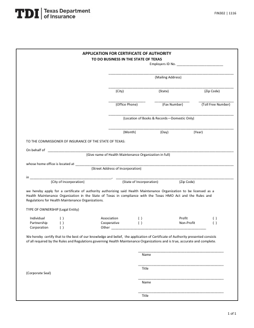 Form FIN302 Application for Certificate of Authority to Do Business in the State of Texas - Texas