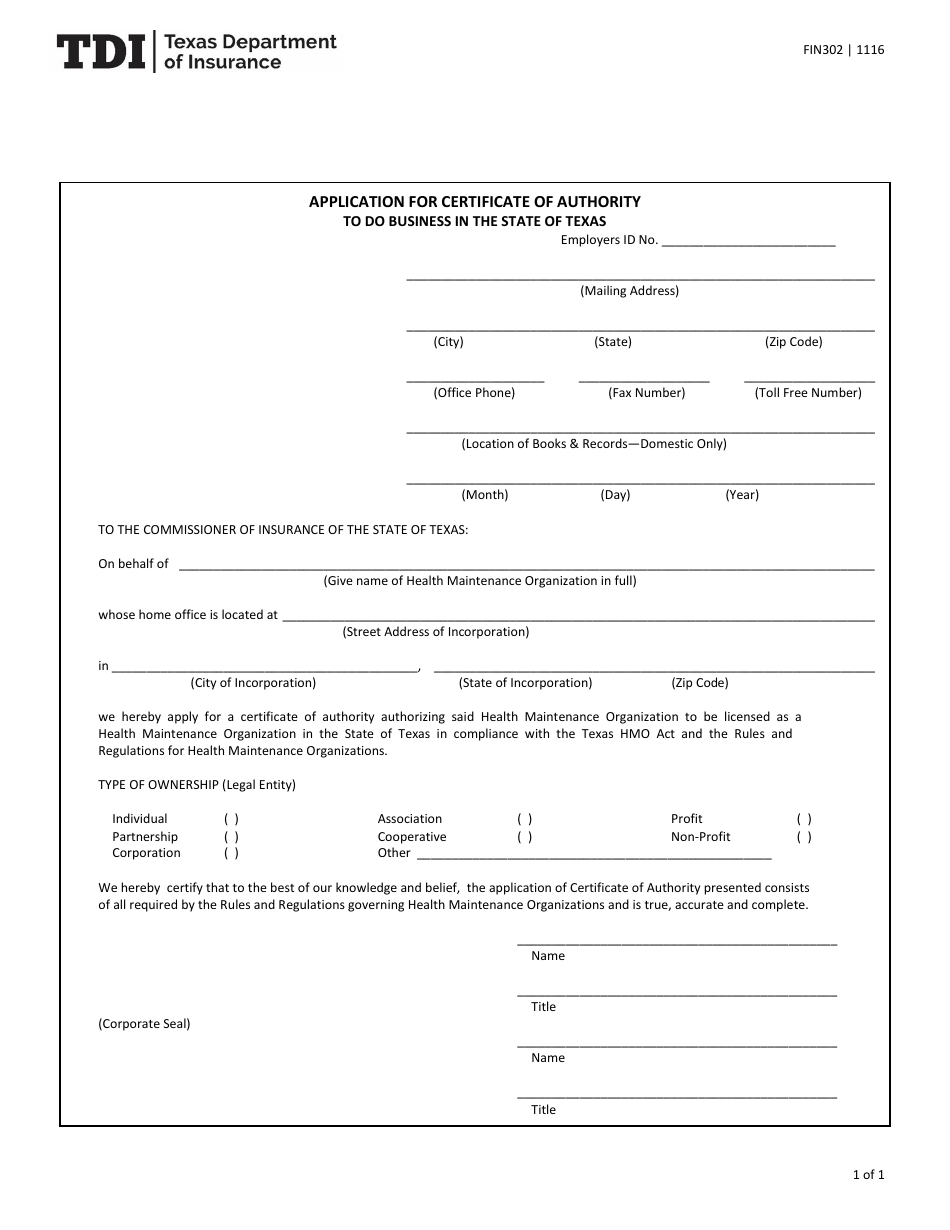Form FIN302 Application for Certificate of Authority to Do Business in the State of Texas - Texas, Page 1