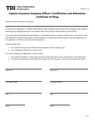 Document preview: Form FIN186 Captive Insurance Company Officer's Certification and Attestation Certificate of Filing - Texas