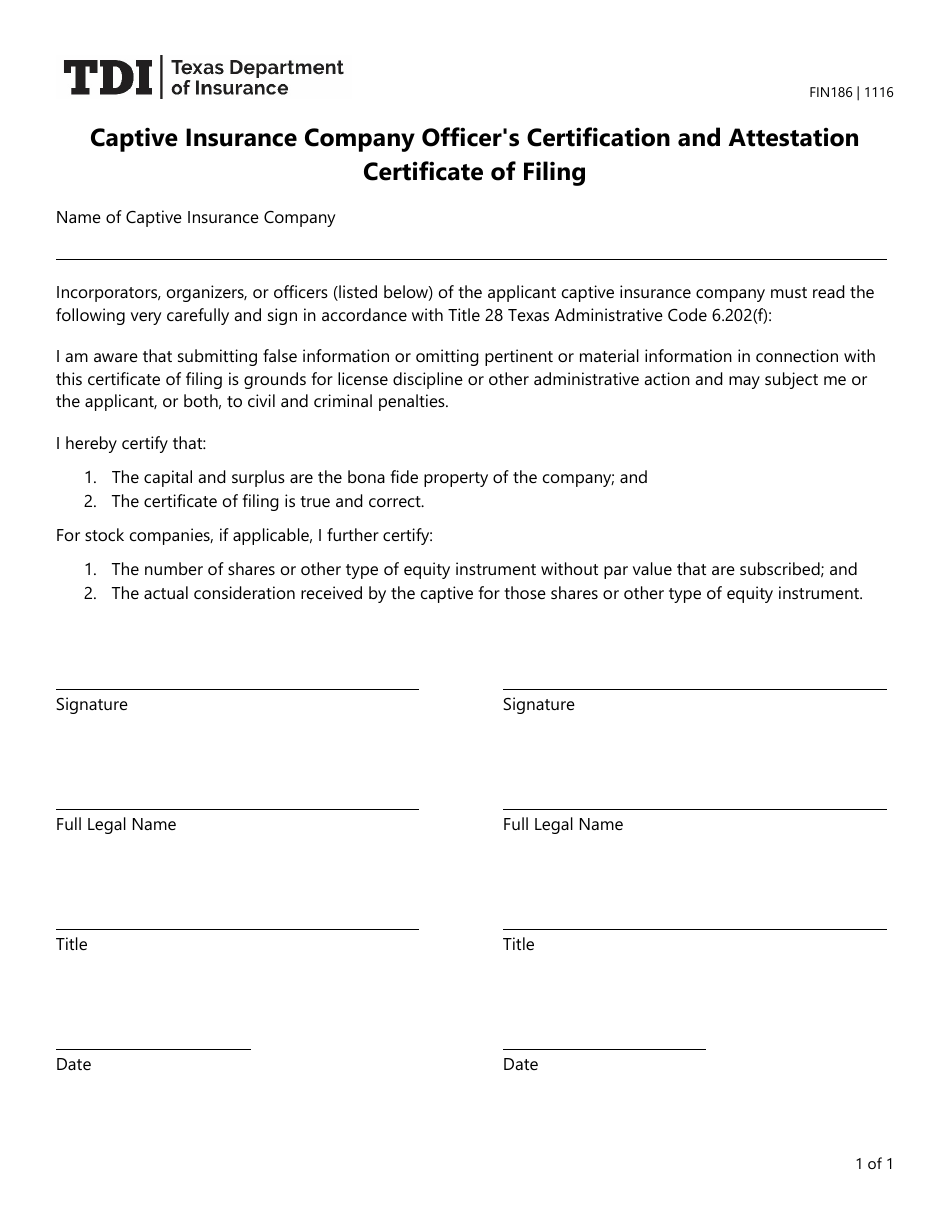 Form FIN186 Captive Insurance Company Officers Certification and Attestation Certificate of Filing - Texas, Page 1