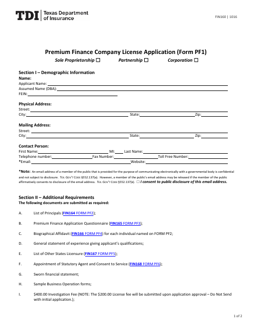 Form FIN160 (PF1) Premium Finance Company License Application - Texas