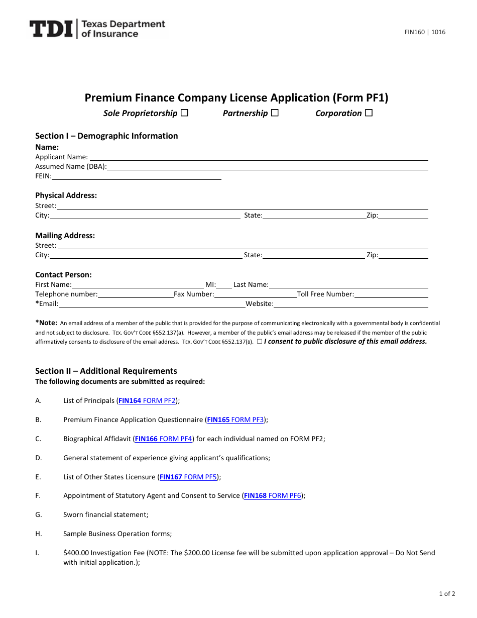 Form FIN160 (PF1) Premium Finance Company License Application - Texas, Page 1