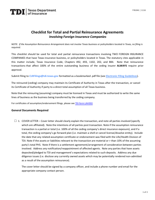 Form FIN346 Checklist for Total and Partial Reinsurance Agreements - Texas