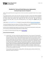Form FIN346 Checklist for Total and Partial Reinsurance Agreements - Texas