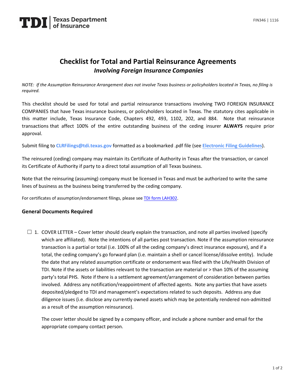 Form FIN346 Checklist for Total and Partial Reinsurance Agreements - Texas, Page 1
