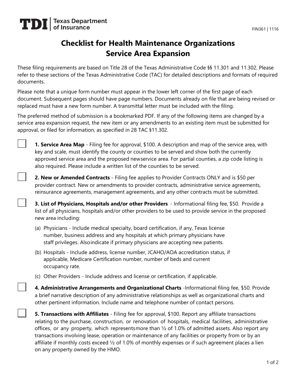 Form FIN361 Service Area Expansion Checklist for Health Maintenance Organizations - Texas, Page 1
