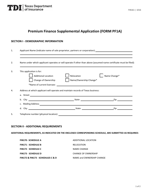 Form PF1A (FIN161) Premium Finance Supplemental Application - Texas