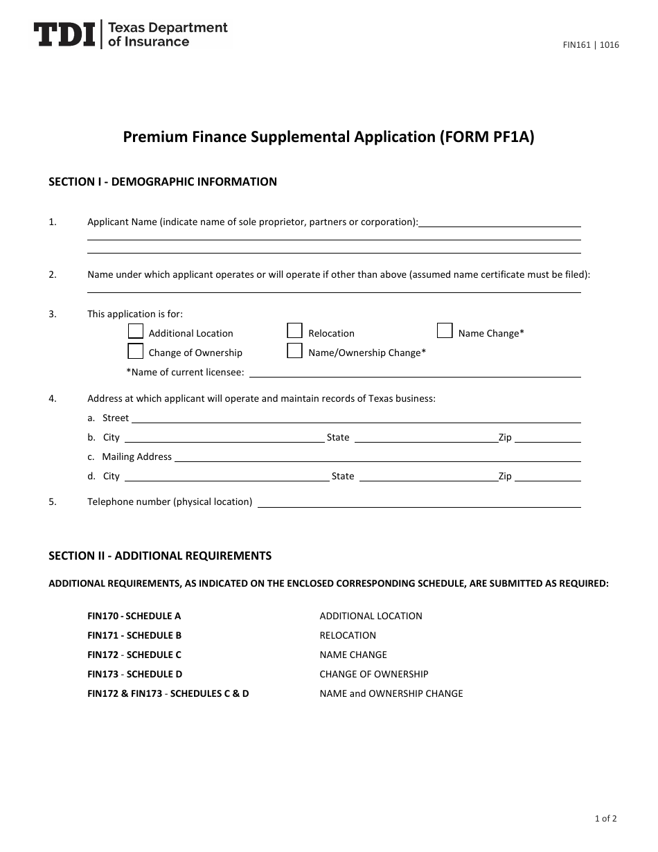 Form PF1A (FIN161) Premium Finance Supplemental Application - Texas, Page 1