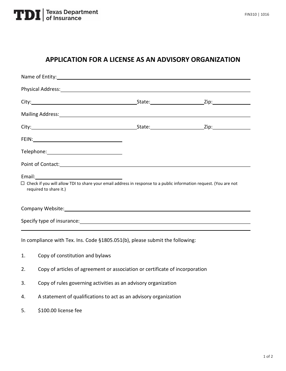 Form FIN310 Application for a License as an Advisory Organization - Texas, Page 1