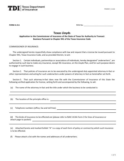 Form FIN369 (A-211) Application to the Commissioner of Insurance of the State of Texas for Authority to Transact Business Pursuant to Chapter 941 of the Texas Insurance Code - Texas