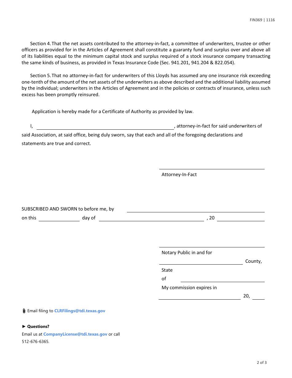 Form FIN369 (A-211) Application to the Commissioner of Insurance of the State of Texas for Authority to Transact Business Pursuant to Chapter 941 of the Texas Insurance Code - Texas, Page 2