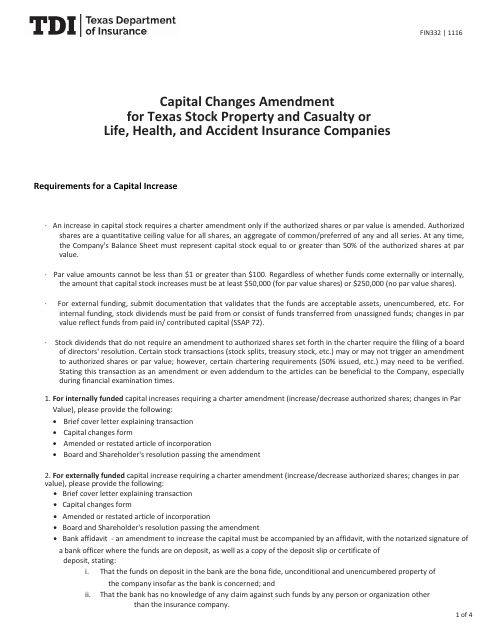Form FIN332 Capital Changes Amendment for Texas Stock Property and Casualty or Life, Health, and Accident Insurance Companies - Texas