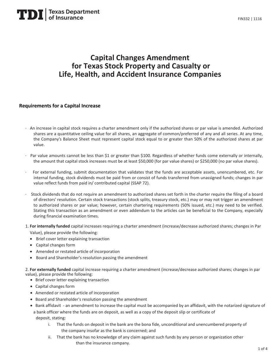 Form FIN332 Capital Changes Amendment for Texas Stock Property and Casualty or Life, Health, and Accident Insurance Companies - Texas, Page 1