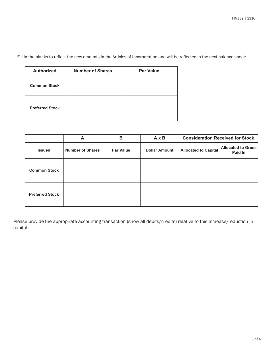 Form FIN332 Capital Changes Amendment for Texas Stock Property and Casualty or Life, Health, and Accident Insurance Companies - Texas, Page 3