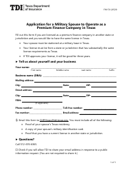 Document preview: Form FIN174 Application for a Military Spouse to Operate as a Premium Finance Company in Texas - Texas