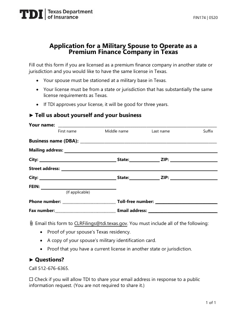 Form FIN174 Application for a Military Spouse to Operate as a Premium Finance Company in Texas - Texas