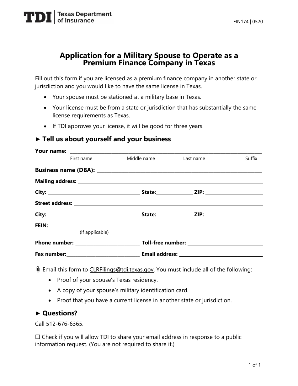 Form FIN174 Application for a Military Spouse to Operate as a Premium Finance Company in Texas - Texas, Page 1