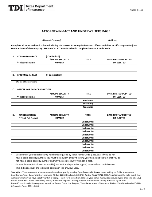 Form FIN307 Attorney-In-fact and Underwriters Page - Texas
