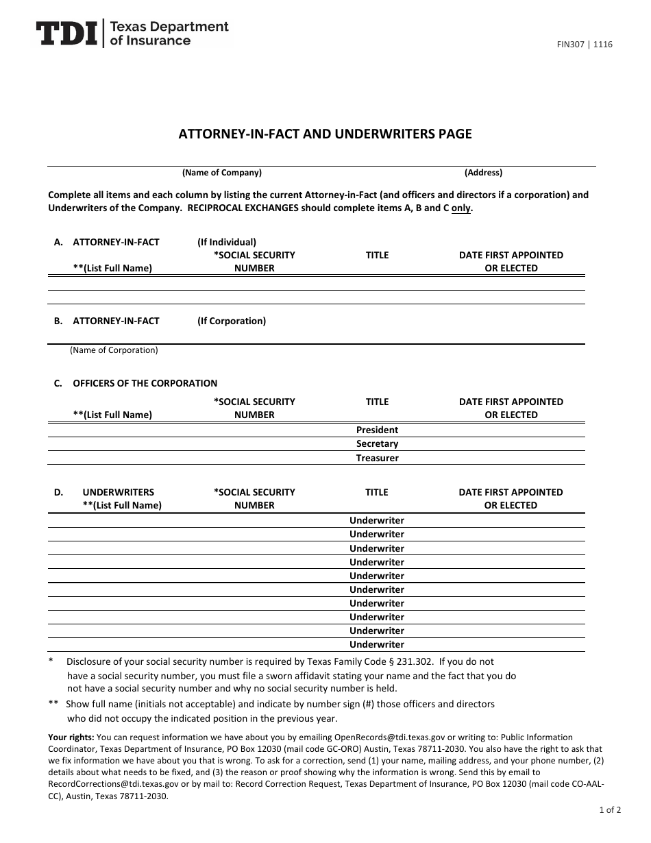 Form FIN307 Attorney-In-fact and Underwriters Page - Texas, Page 1