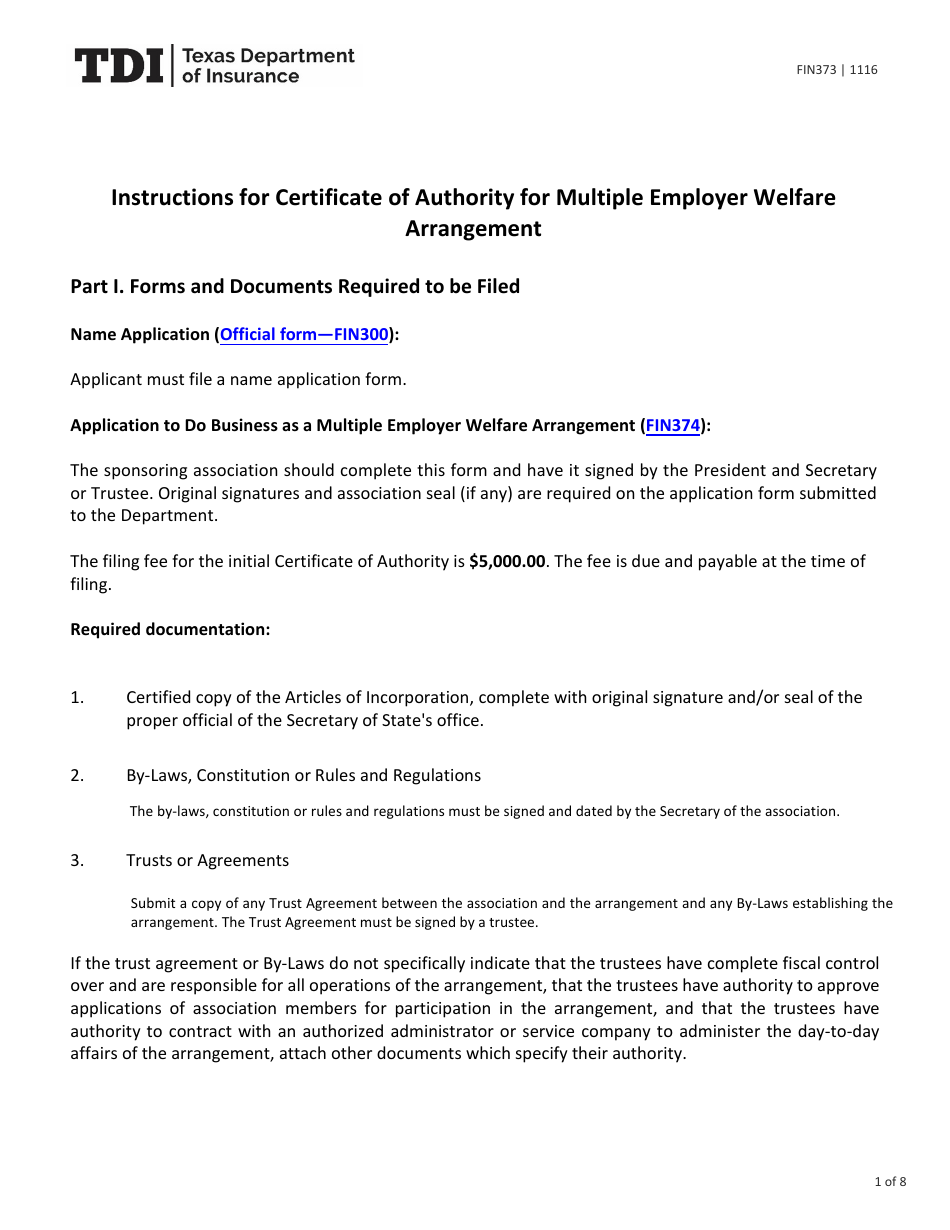 Form FIN373 Instructions for Certificate of Authority for Multiple Employer Welfare Arrangement - Texas, Page 1