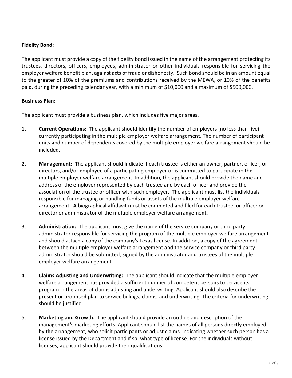Form FIN373 Instructions for Certificate of Authority for Multiple Employer Welfare Arrangement - Texas, Page 4