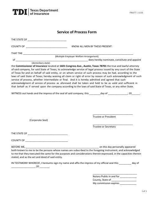 Form FIN377 Service of Process Form - Texas