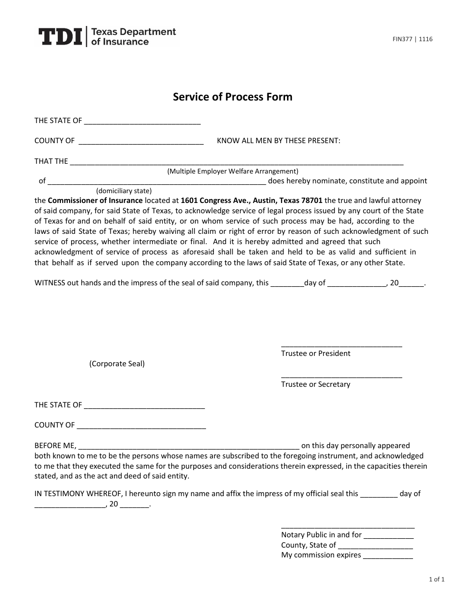 Form FIN377 Service of Process Form - Texas, Page 1