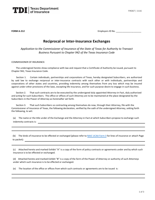 Form FIN367 (A-212) Reciprocal or Inter-Insurance Exchanges - Texas