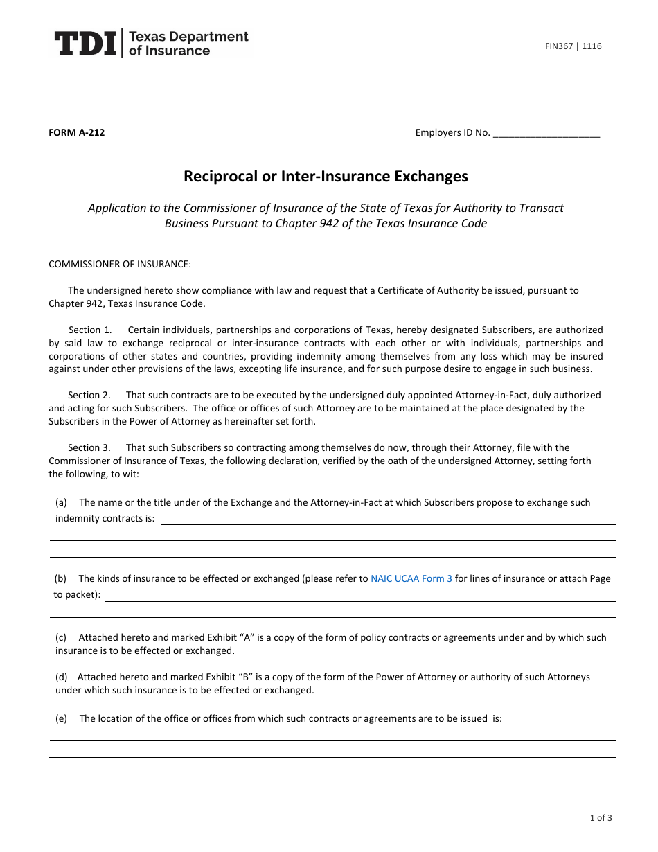 Form FIN367 (A-212) Reciprocal or Inter-Insurance Exchanges - Texas, Page 1