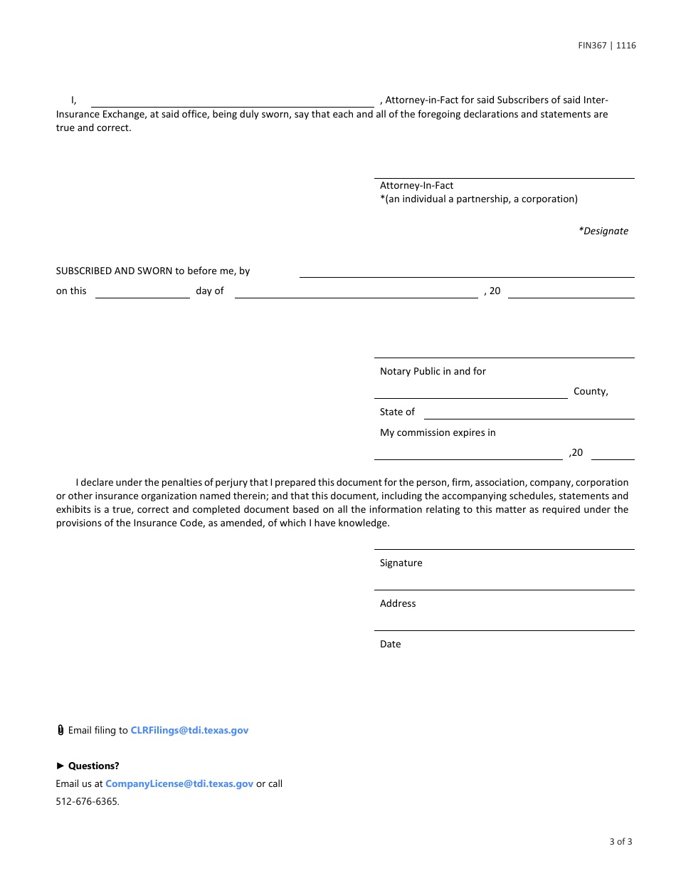 Form FIN367 (A-212) Reciprocal or Inter-Insurance Exchanges - Texas, Page 3