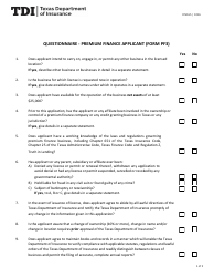 Document preview: Form FIN165 (PF3) Questionnaire - Premium Finance Applicant - Texas